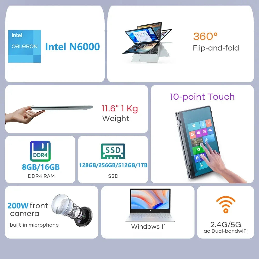 Portable Touch Screen Laptops Flip 360° 11.6" Notebook Windows 11 Business Office Intel Celeron N6000 16GB RAM Computer Netbook