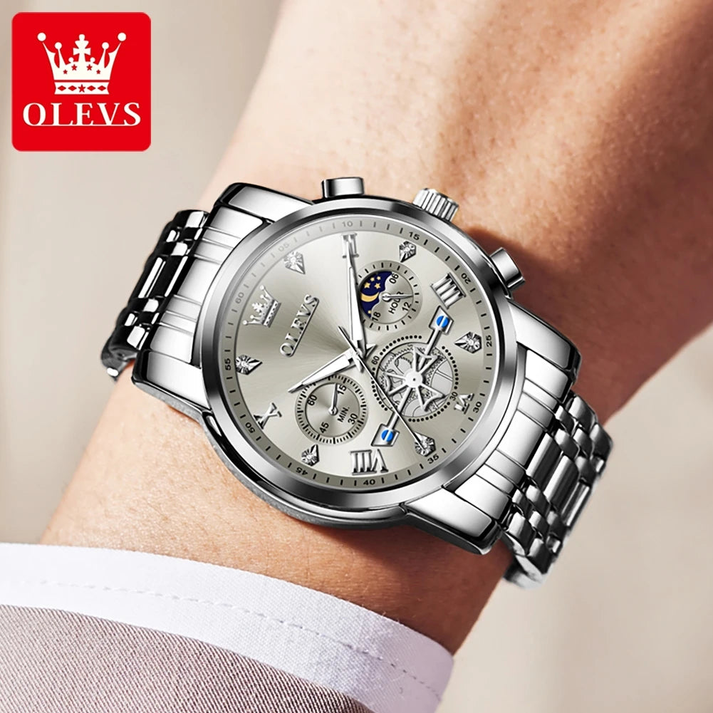 OLEVS Stainless Steel Men's Watches Chronograph Moon Phase Waterproof Luminous Quartz Wrist Watch for Men Luxury Brand Man Watch