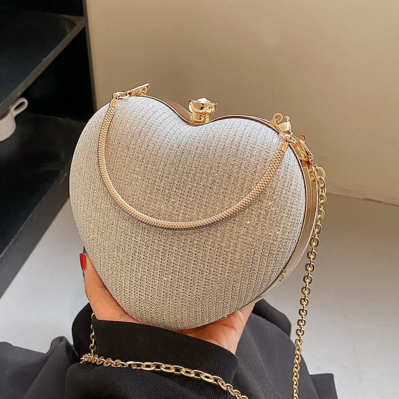 Evening Clutch Bag Women Bag Shiny Handbag Heart Shape Metal Clutches Bag Fashion Chain Shoulder Crossbody Bag Luxury Lady Purse