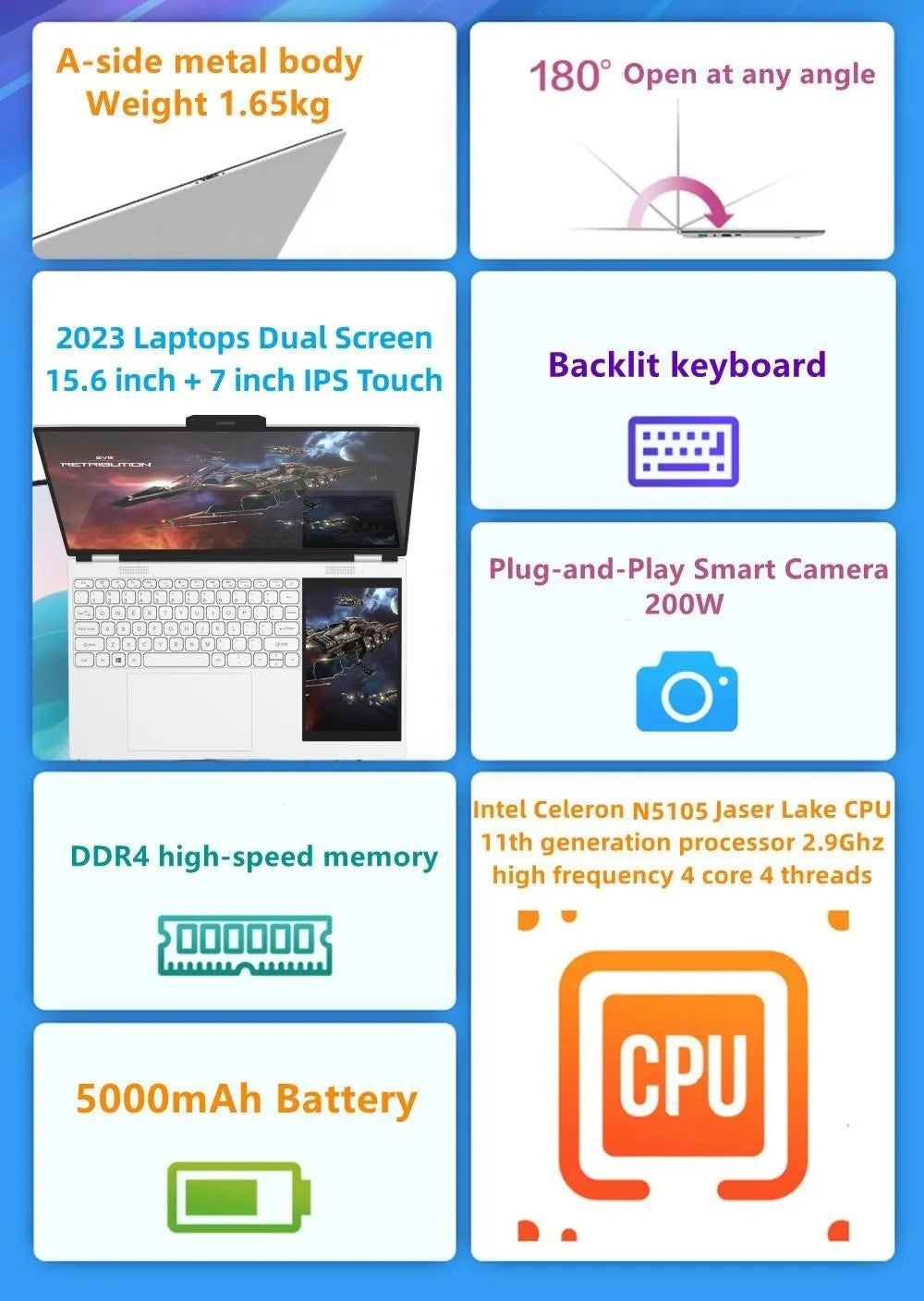 New Arrivals Dual Screen Laptop N95 12th Generation 16G DDR4 - 1TB SSD 15.6" IPS 2K Screen+7" Touch LCD  PC Portable Noteboo