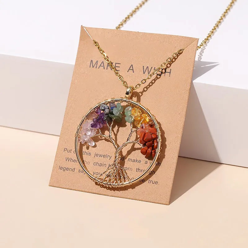 Change Better 7 Chakras Tree Of Life Pendant Necklace Gold Color Wisdom Natural Crystal Chip Beads Reiki Healing Jewelry Gift