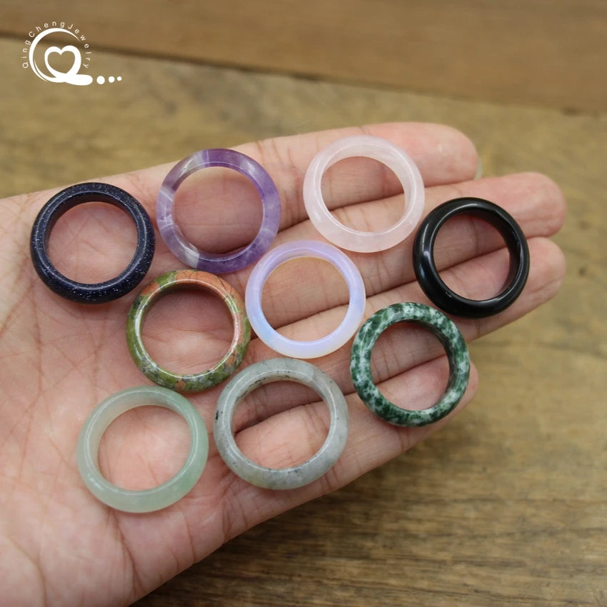 Healing Crystal Band Rings Natural Stone Quartz Agates Jaspers Dainty Finger Solid Ring Women Fashion Minimalist Jewelry,QC4209