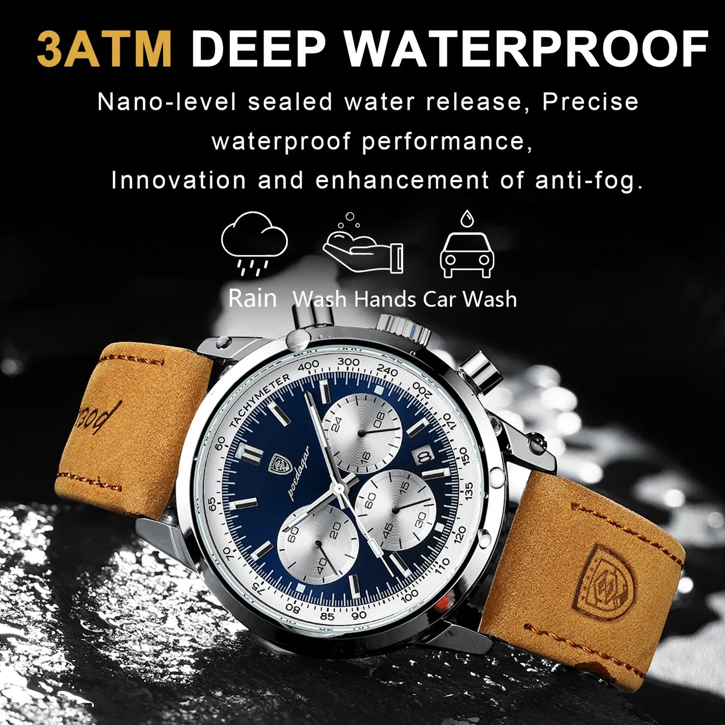 POEDAGAR Man Wristwatch Luxury Sport Genuine Leather Men Quartz Watch For Men Chronograph Waterproof Luminous Date Men's Watches