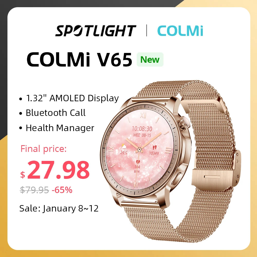 COLMI V65 Smartwatch Women 1.32 inch AMOLED Bluetooth Call Smart Watch Custom Dial Watches Heart Rate Tracker For Android iOS