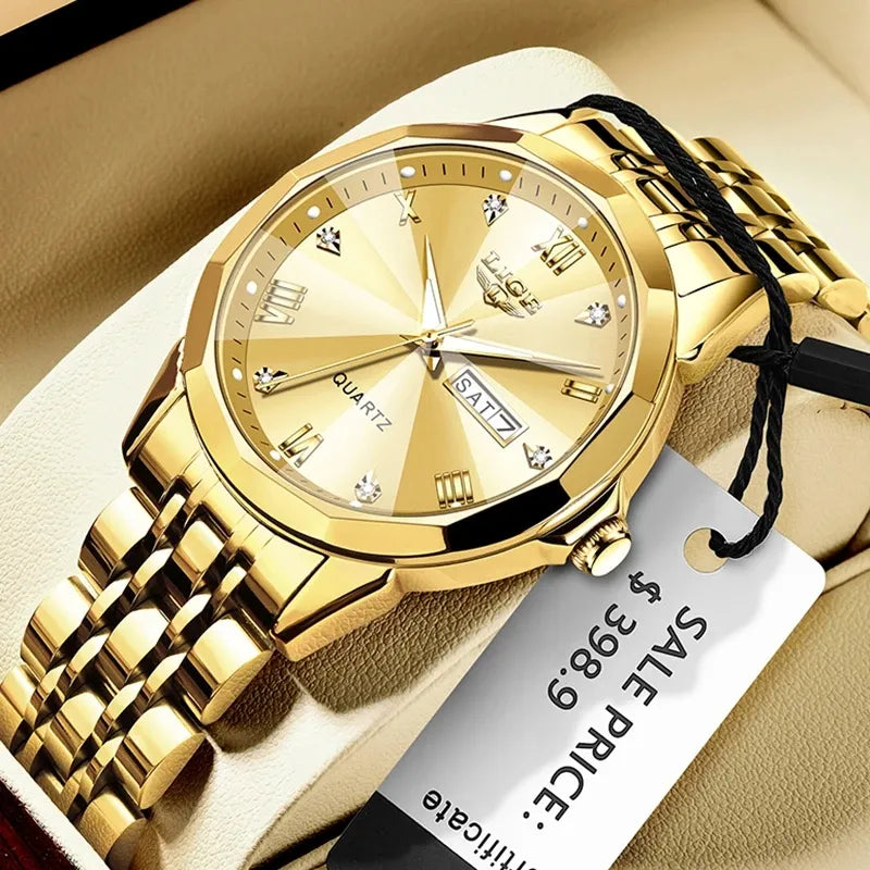 LIGE Ladies Wristwatch Luxury Waterproof Luminous Date Gold Watch For Women Dress Stainless Steel Quartz Women's Watches+Box