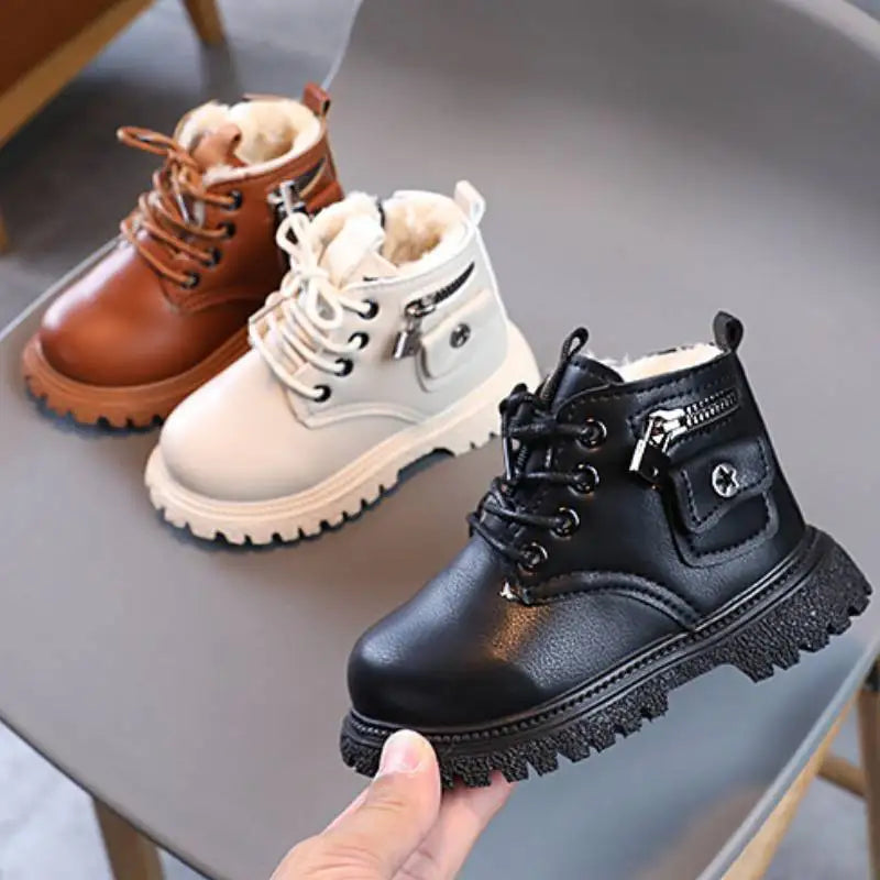 Fashion Children Boots Autumn Winter Plus Cotton Snow Boots Warm Boys Leather Ankle Boots Baby Girls Casual Shoes 2023