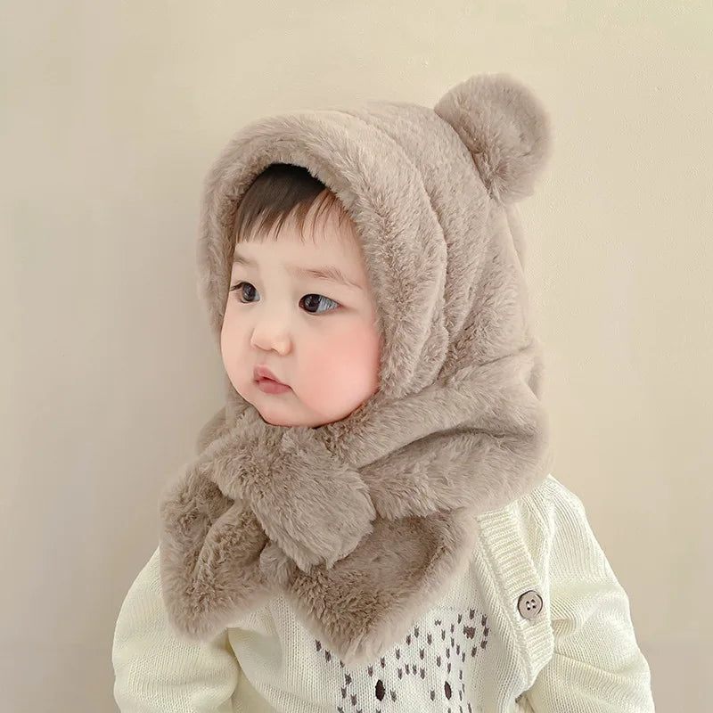 Winter Baby Hat Scarf One-Piece Faux Fur Kids Hats Cartoon Bear Warm Neck Ear Cap for Boys Girls Windproof Beanies Infant Stuffs