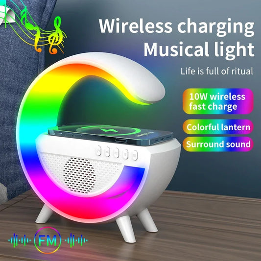 حامل شاحن لاسلكي متعدد الوظائف مزود بإضاءة RGB وبطاقة FM وTF وUSB ومكبر صوت بلوتوث لأجهزة iPhone وXiaomi وSamsung ومحطة شحن سريعة