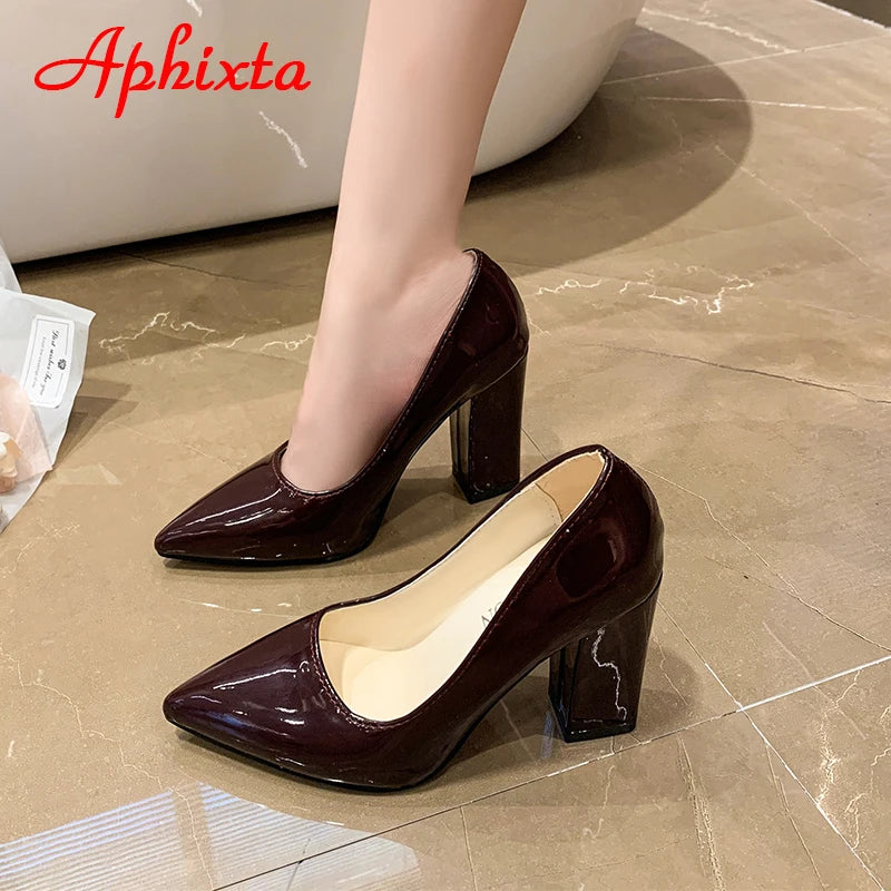 Aphixta 3.94Inch Chunky Heels Pumps Women Shoes Wine Red Patent Leather Sexy Party Official Leisure Plus Szie 33-46