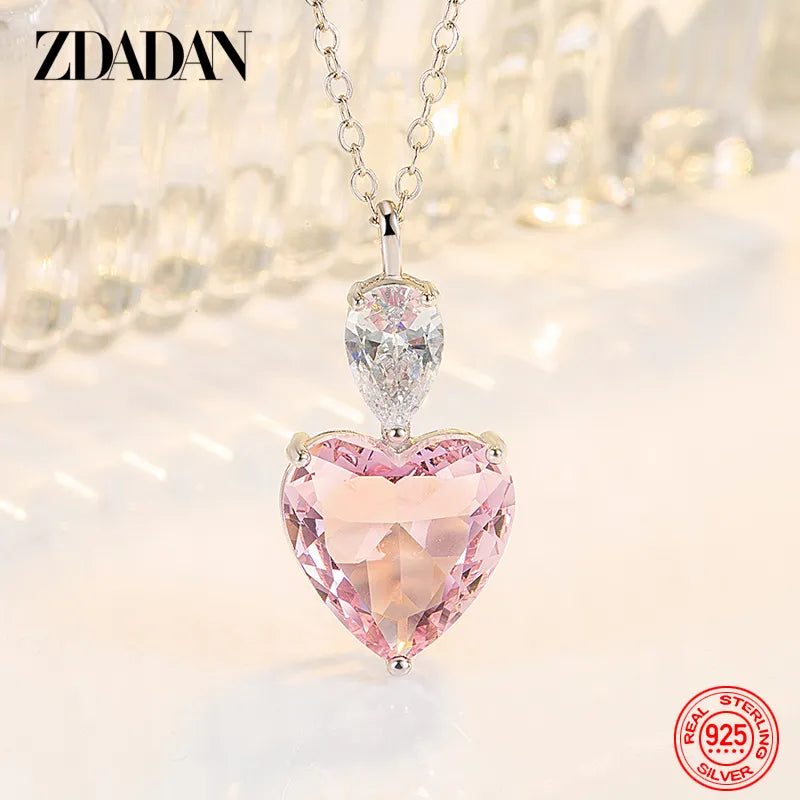 ZDADAN 925 Silver Pink Zircon Necklace Chains For Women Fashion Jewelry