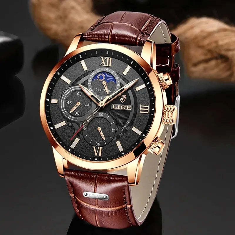 LIGE New Men's Watches Top Brand Luxury Brown Leather Casual Quartz Watch Men Sport Waterproof Clock Watch Relogio Masculino