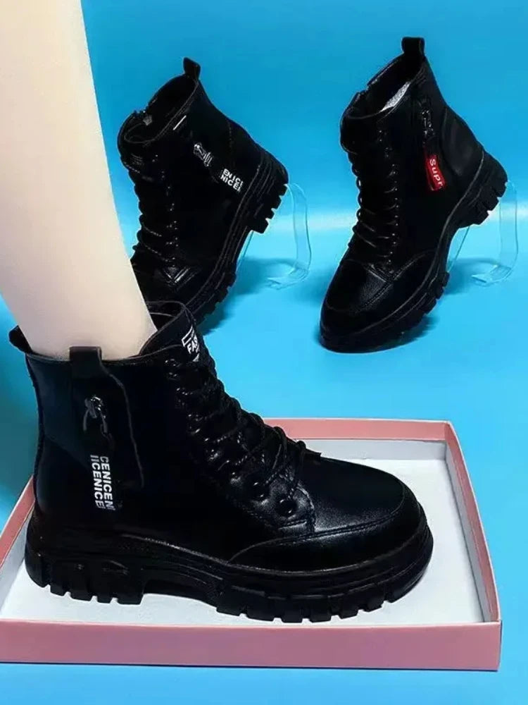 Women's Boots Black Lace Up Platform Ankle Boots Fashion Thick Sole Short s Female Warm Cotton Shoes Winter Snow  2024