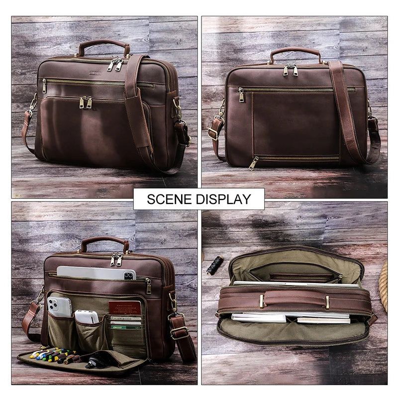 OYIXINGER Vintage Large Capacity Men Laptop Briefcase Bag For 17 15.6" Genuine Leather Luxury Multi-function Handbags Breifcases