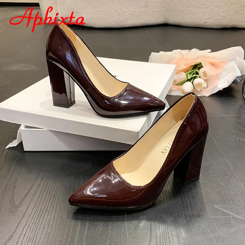 Aphixta 3.94Inch Chunky Heels Pumps Women Shoes Wine Red Patent Leather Sexy Party Official Leisure Plus Szie 33-46