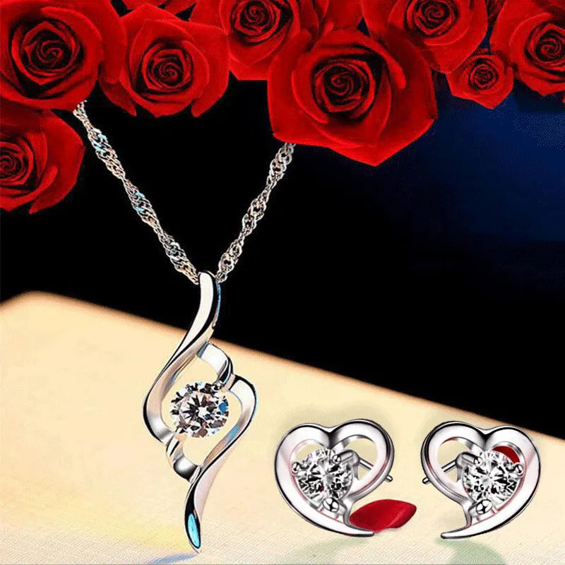 Fashion Heart Zircon Necklace Earrings Combination Set Engagement Necklace Earrings for Women Jewelry Set Party Anniversary Gift