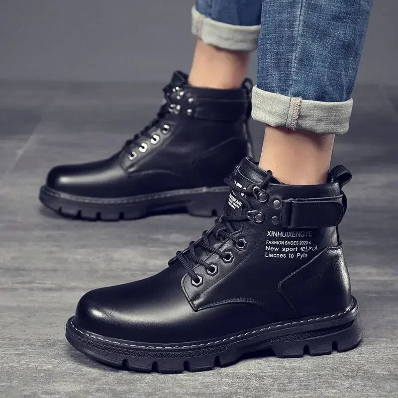 Ankle Men's Motorcycle Boots Platform Boots Man Outdoor High Top Comfort Work Boots Mens Shoes WaterProof Chaussures Pour Hommes