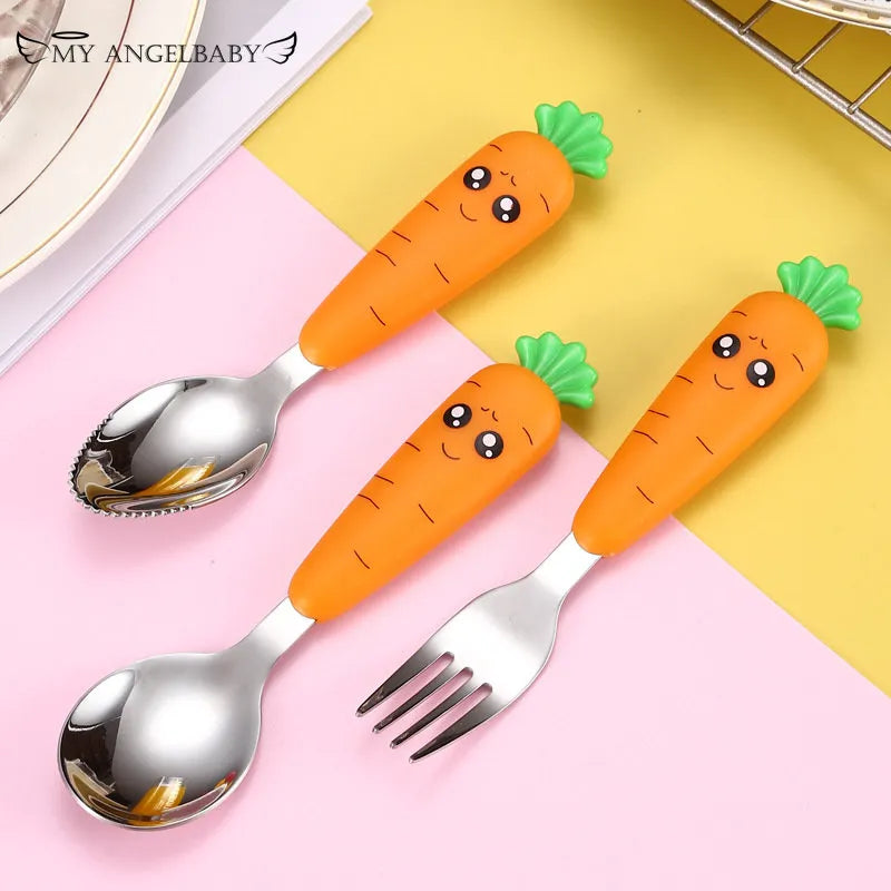 Baby Gadgets Tableware Set Children Utensil Stainless Steel Toddler Dinnerware Cutlery Cartoon Infant Food Feeding Spoon Fork