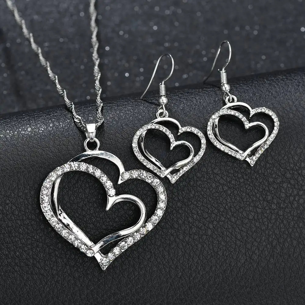 Korean Fashion Double Heart Necklace Earrings Bracelet Jewelry Set for Women Charm Ladies Jewelry Set Bridal Accessory Set Gifts