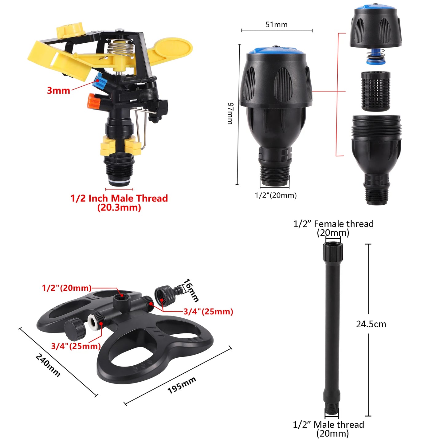 Garden Watering Sprinkler with Base Extended Support Rotating Nozzle Rocker Impact Sprinkler Lawn Plant Flower Irrigation Nozzle