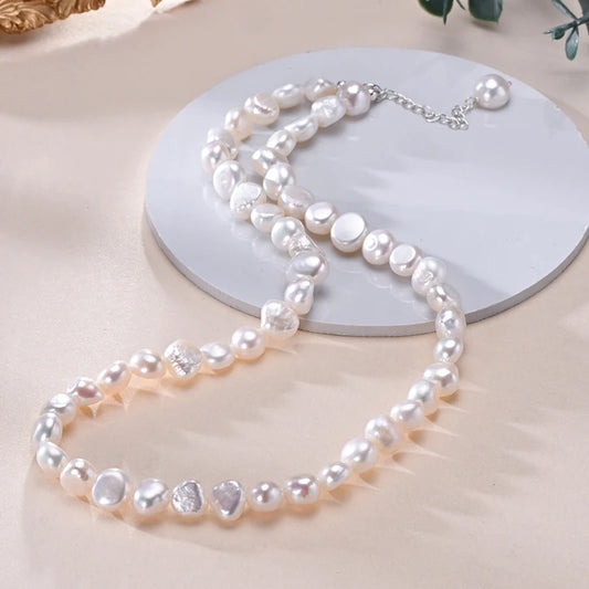 HENGSHENG Classic Baroque 925 Sterling Silver Freshwater 8-9mm White Pearl Necklace Fine Trendy Jewelry Gift for Women Girls