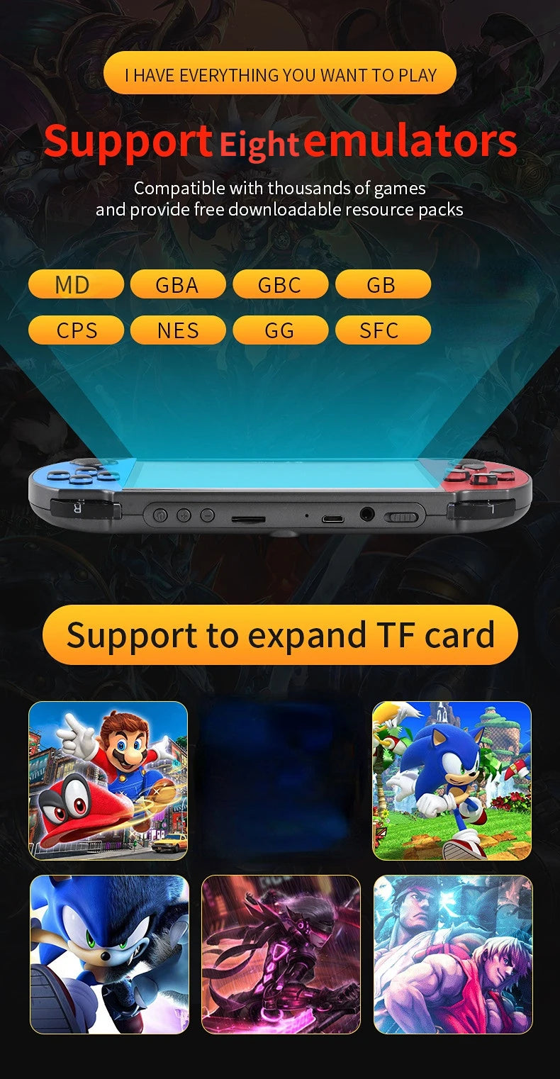 وحدة تحكم ألعاب محمولة X7Plus بشاشة عالية الدقة مقاس 5.1 بوصة ومشغل صوت وفيديو محمول مع أكثر من 15000 لعبة مجانية مدمجة