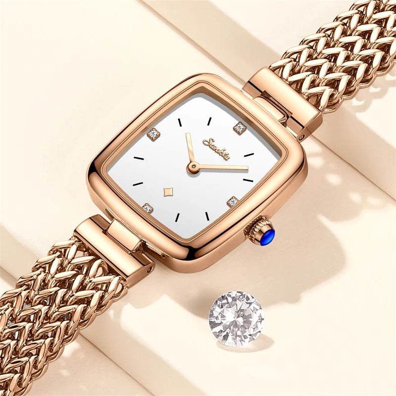 LIGE Watch Woman Sunkta Brand Fashion Rose Gold Elegant Women WristWatch Luxury Stainless Steel Square Waterproof Ladies Watches