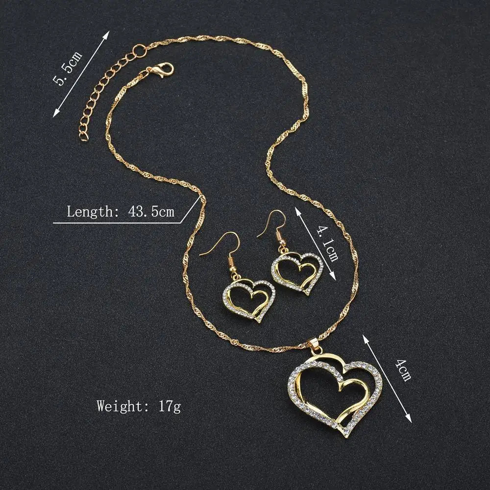 Korean Fashion Double Heart Necklace Earrings Bracelet Jewelry Set for Women Charm Ladies Jewelry Set Bridal Accessory Set Gifts