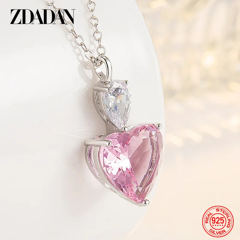 ZDADAN 925 Silver Pink Zircon Necklace Chains For Women Fashion Jewelry