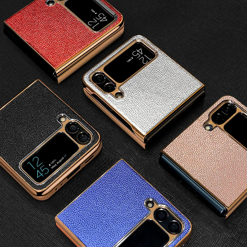 Vietao z flip5 Golden Plated genuine Leather mobile Phone Case for Samsung Galaxy Z Flip 3 5G 4 5 Case Cover with Hidden bracket