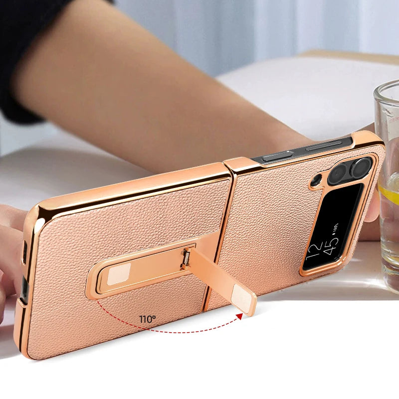 Vietao z flip5 Golden Plated genuine Leather mobile Phone Case for Samsung Galaxy Z Flip 3 5G 4 5 Case Cover with Hidden bracket