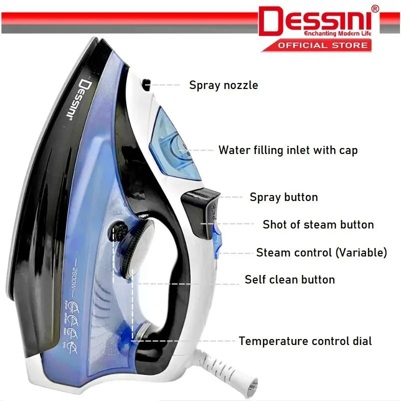 DESSINI 2600W Electric Ceramic Soleplate Garment Steam Iron Sprayer Steamer Clothes Brush High Quality Steam Iron For Home