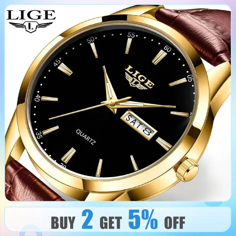 LIGE Fashion Watches Men Top Brand Luxury Quartz Watch Men Leather Strap Waterproof Business Casual Men Wristwatches Clock