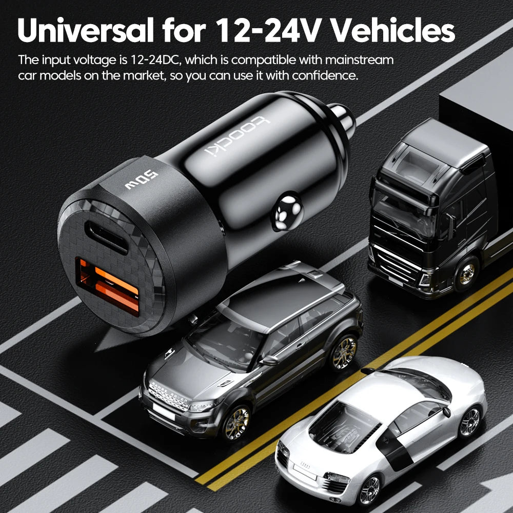 شاحن سيارة USB من toocki سريع الشحن 50 وات PD من النوع C شحن سريع USB C شاحن سيارة للهاتف 12 فولت 24 فولت لهاتف iPhone 1413 12 Xiaomi 13 12