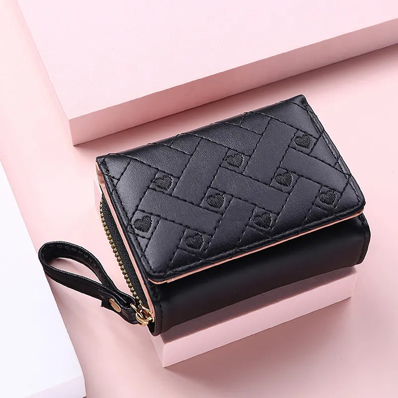 Wallets For Women Fashion PU Leather Embroidered Love Tri-fold Small Wallet Kawaii Cute Card Holder Multi-card Slot Coin Purses