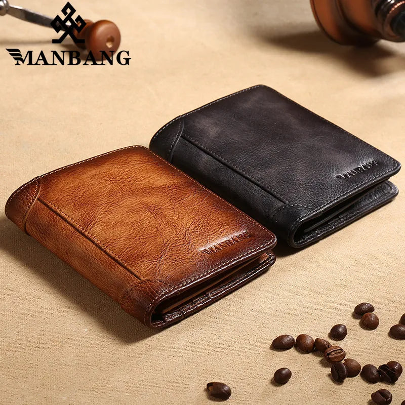 Manbang Men's Wallets RFID Genuine Leather Trifold Wallets For Men with ID Window and Credit Card Holder