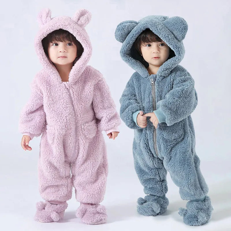 Newborn Overalls Baby Girl Boy Rompers Spring Autumn Warm Fleece Hooded Baby Coats Outfits