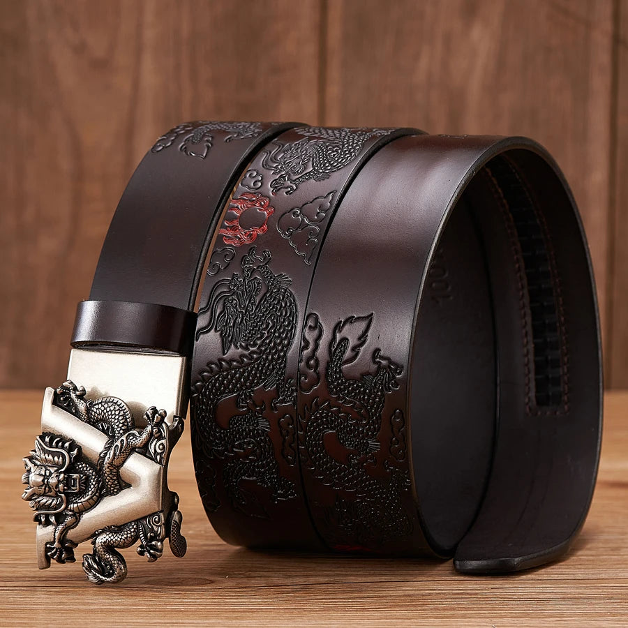 Male Chinese Dragon Belt Cowskin Genuine Leather Belt for Men Carving Dragon Pattern Automatic Buckle Belt Strap