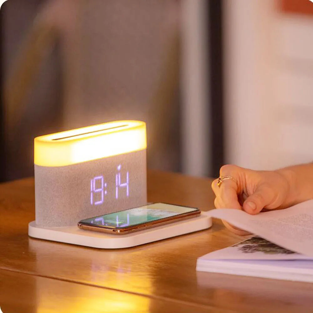 Promise Dimming Atmosphere Light Table Lamp Desk Small Alarm Clock With Mobile Phone Fast Wireless Charging Room Decoration Gift