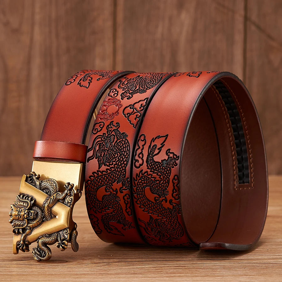 Male Chinese Dragon Belt Cowskin Genuine Leather Belt for Men Carving Dragon Pattern Automatic Buckle Belt Strap