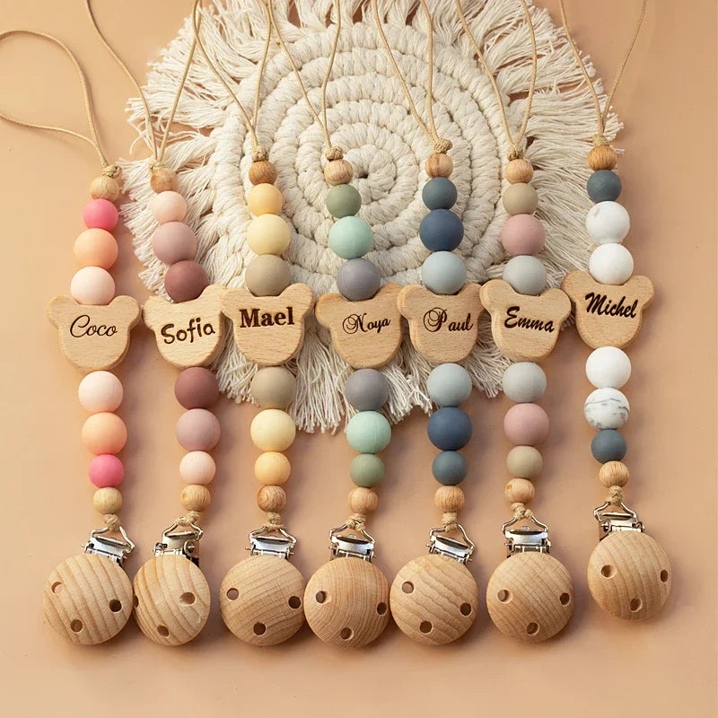 Custom Name Wooden Personalized Baby Pacifier Chain Silicone Bead Dummy Nipple Holder Guard Teether Pendant  Newborn Gift Stuff