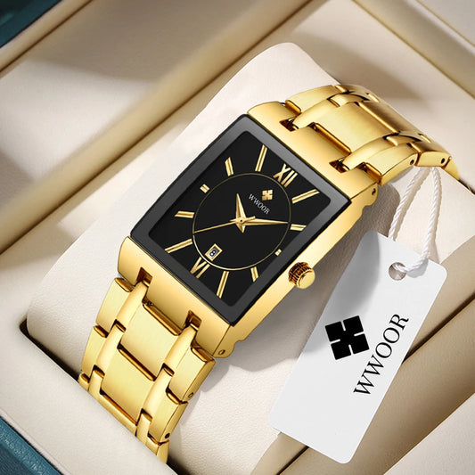 Relogio Masculino WWOOR Gold Watch Men Square Mens Watches Top Brand Luxury Golden Quartz Stainless Steel Waterproof Wrist Watch