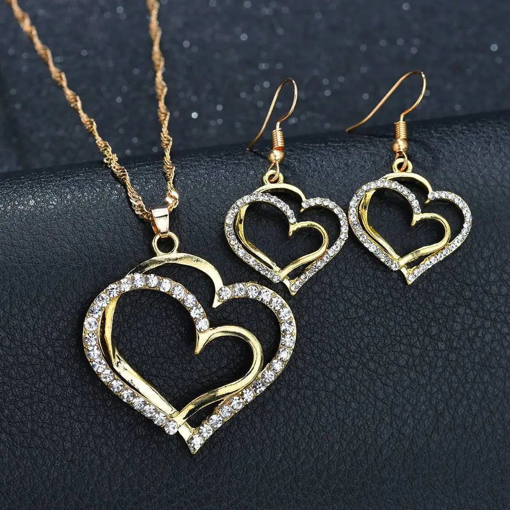 Korean Fashion Double Heart Necklace Earrings Bracelet Jewelry Set for Women Charm Ladies Jewelry Set Bridal Accessory Set Gifts