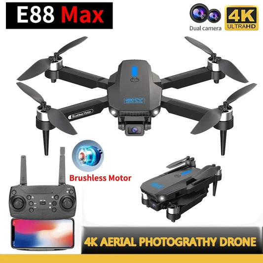 E88MAX Rc Drone Brushless Motor Professional 4K Wide Angle HD Camera Height Fixed Remote Control Foldable Quadrotor Helicopter