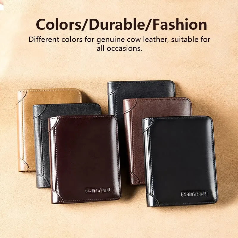 Men's Wallets RFID Blocking Genuine Leather Trifold Business Short Purse Wallet for Men with ID Window and Credit Card Holder