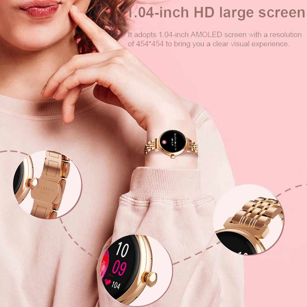 1.04 inch AMOLED Screen Fashion Ladies Smart Watch Screen Always Display Bluetooth Call Smartwatch Metal Body Small Screen Watch