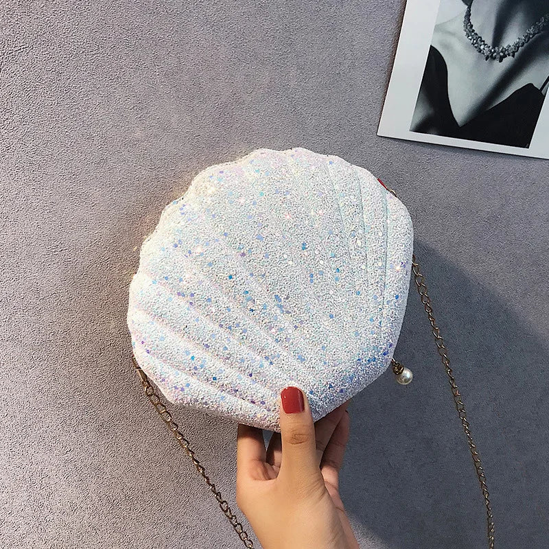 Women Shoulder Handbags Shell Bag Chain Cute Sequins Small Bag Phone Money Pouch Zipper Crossbody Bags for Women Bolsa Feminina