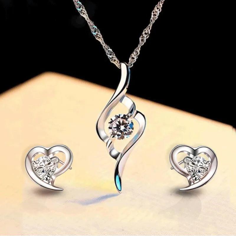 Fashion Heart Zircon Necklace Earrings Combination Set Engagement Necklace Earrings for Women Jewelry Set Party Anniversary Gift