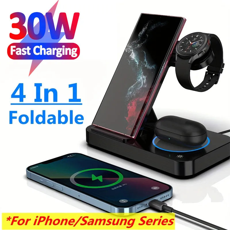 VIKEFON 30W 4-in-1 Wireless Charger Stand designed for convenient and fast charging. This foldable charging station supports iPhone 15, 14, 13, 12 series  and apple watch, and  It's also compatible with Samsung S24, S23, S22, S21 Galaxy devices.