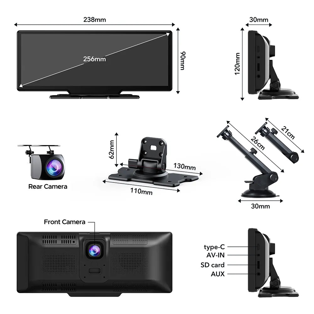 TOGUARD 10inch Dual Lens Wireless Car play Screen Android Auto Car Play Monitor DVR Recorder Dashboard WiFi GPS Rearview Camera