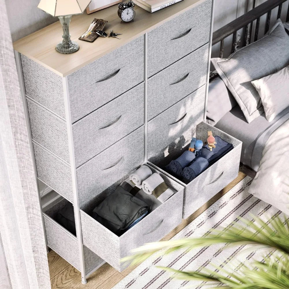 10 Drawer Dresser - Fabric Storage Tower, Living Room, Hallway, Closets & Nursery - Sturdy Steel Frame, (Light Grey)